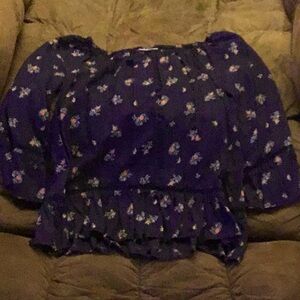 Mudd Girls’ Floral Top Size 14 Navy Blue Bell Sleeves Elastic Neckline